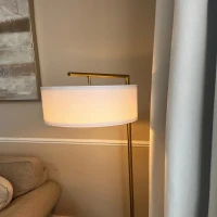 HOMCOM Floor Lamp, Modern Standing Lamp with Linen Lampshade, Round Base for Living Room, Bedroom, Dining Room, 153cm, Gold Tone and White(m-12)