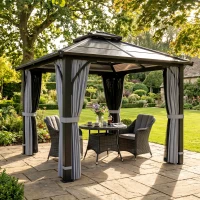 Outsunny 3 x 3(m) Hardtop Gazebo Canopy with 7mm Polycarbonate Double-Tier Roof, Garden Gazebo Permanent Pavilion with Mosquito Netting and Curtains for Patio, Terrace, Dark Grey(m-2)