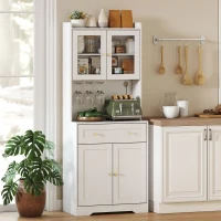 HOMCOM Keukenkast met werkblad, wijnglashouder, voorraadkast voor keuken, eetkamer, 170 cm, MDF, glas, wit(m-2)
