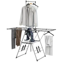 HOMCOM Vouwbaar wasrek staand droogrek met verstelbare vleugels, schoenhouders, RVS, 156,5 x 68 x 192 cm, Zilver(m-10)