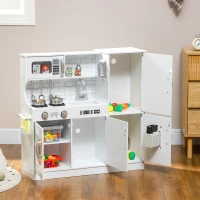 AIYAPLAY Pretend Play Kitchen, Kids Kitchen Playset, with Toy Phone, Chalkboard, Microwave, Cooking Stove, Sink, White(m-9)