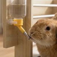 PawHut Comedero de Heno de Conejos con Bandeja Alimentador de Heno de Madera con Cuenco de Acero Inoxidable y Botella de Agua(m-8)