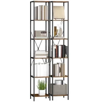 HOMCOM Set van 2 6-niveaus-boekenkasten, stalen frame, voor woonkamer, kantoor, slaapkamer, Rustiek-Bruin(m-11)