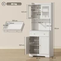 HOMCOM Keukenkast met werkblad, wijnglashouder, voorraadkast voor keuken, eetkamer, 170 cm, MDF, glas, wit(m-3)