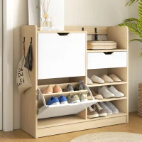 HOMCOM Schoenenrek voor hal, schoenenkast met klapladen, open planken, 4 haken, voor tot 14 paar schoenen, Wit(m-2)