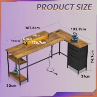 Bureau d'angle en L, LED pilotable via application et station d'alimentation intégrée, 167,5x50x87,5 cm, marron(m-7)