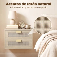 HOMCOM Juego de 2 Mesitas de Noche Flotantes con 2 Cajones con Frente de Ratán Natural para Dormitorio 40x30x27,6 cm Roble(m-7)
