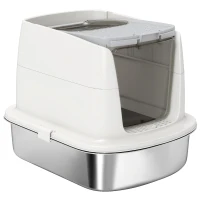 PawHut Bac à Litière Fermé en Inox, Couvercle Amovible, Entrée Frontale et Sortie Supérieure, Pelle, 52,4x41,3x39,8cm, Blanc(m-13)