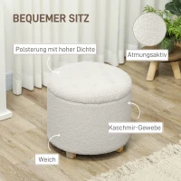 HOMCOM Zit-hocker met opbergruimte, hocker met deksel, ronde voeten-hocker, opbergbox, met houten poten, Wit(m-5)