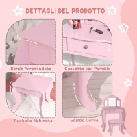HOMCOM Tavolo da Trucco per Bambini con Sgabello e Triplo Specchio, in Legno e Acrilico, 63x40x85.5 cm, Rosa(m-5)