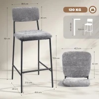 HOMCOM Set van 2 barkrukken, gepolsterde hoge stoelen voor keukentafel en huisbar, rugleuning, voetsteun, stofbekleding, staal, grijs(m-3)