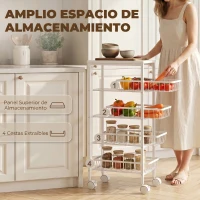 HOMCOM Carrito Auxiliar con Ruedas 4 Cestas Extraíbles Carga 15 kg Marco Metálico para Comedor Baño 40x24x82 cm Blanco(m-4)