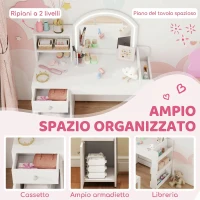 AIYAPLAY Set Toeletta Trucco per Bambini 2 in 1 con Specchio, Sedia, Luce LED, Armadietto, Scaffali e Libreria, Bianco(m-5)