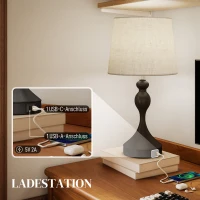 HOMCOM Tafellamp LED met 3 kleurtemperaturen, nachtlamp met USB A+C oplaadpoorten, linnen lampenkap, zwart(m-5)