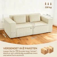 HOMCOM 3-zitsbank, zachte schuimstructuur, brede armleuningen, 2 kussens, manchesterbekleding, beige(m-3)
