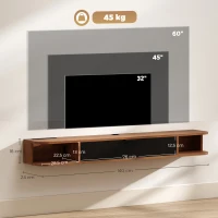 HOMCOM Wandhängendes TV-Möbel, TV-Bank für Fernseher bis 60 Zoll, Klappschublade, 2 Ablagen, 140x24x16cm, Nussbaum(m-3)