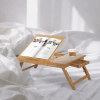 HOMCOM Mesa de Computador Portátil Bambu Dobrável Reclinado Altura ajustável Suporte Mesa de volta 1 Gaveta 55x35x22-30cm(m-9)