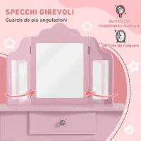 HOMCOM Tavolo da Trucco per Bambini con Sgabello e Triplo Specchio, in Legno e Acrilico, 63x40x85.5 cm, Rosa(m-6)