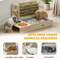 PawHut Comedero de Heno de Conejos con Bandeja Alimentador de Heno de Madera con Cuenco de Acero Inoxidable y Botella de Agua(m-7)