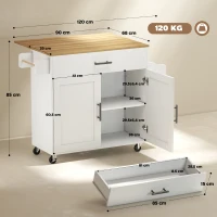 HOMCOM Keukeniland, keukentrolley op wielen, met inklapbaar werkblad, lade, plank, 120 x 68 x 85 cm, Wit(m-3)