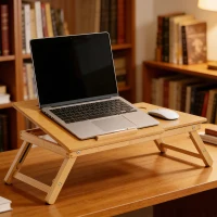 HOMCOM Mesa de Computador Portátil Bambu Dobrável Reclinado Altura ajustável Suporte Mesa de volta 1 Gaveta 55x35x22-30cm(m-8)