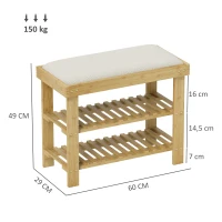 HOMCOM Panca Scarpiera da Ingresso in Bambù, con Seduta Imbottita a 2 Livelli, per 6 Paia di Scarpe, Ingresso Corridoio, 60x29x49cm, Bianco e Naturale(m-3)