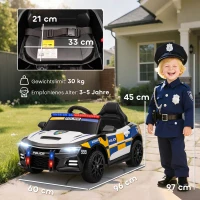 AIYAPLAY 12V Kinder Elektroauto Polizei Polizeiauto mit Fernbedienung Sirene Warnlicht Musik & Hupe Doppelmotoren Federung Weiß(m-3)