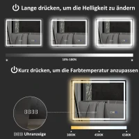 HOMCOM LED Badkamerspiegel met Verlichting, Anti-condensfunctie, 3 Verstelbare Kleurtemperaturen, Klok, 60 x 80 cm, Zilver(m-6)