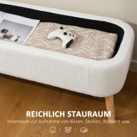 HOMCOM Opbergzithocker, zithocker met 65 L opbergruimte, voetensteun, fleece-stof, rubberhout, schuim, 120 x 42 x 45 cm, Crèmekleurig(m-4)