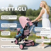 AIYAPLAY Triciclo per Bambini 6 in 1 con Maniglione di Spinta e Sedile Girevole, 111.5x52x98 cm, Rosa(m-8)