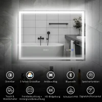 HOMCOM LED Badkamerspiegel met Verlichting, Anti-condensfunctie, 3 Verstelbare Kleurtemperaturen, Klok, 60 x 80 cm, Zilver(m-4)