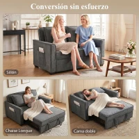 HOMCOM Sofá Cama 2 Plazas 3 en 1 con Respaldo Ajustable Bolsillos Laterales 2 Almohadas para Sala de Estar Gris Oscuro(m-4)
