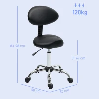 HOMCOM Rollhocker met hoogteverstelbare zitting 51-67 cm en rugleuning, voor massagestudio, tattoo, kliniek, spa, zwart(m-3)