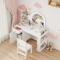 AIYAPLAY Set Toeletta Trucco per Bambini 2 in 1 con Specchio, Sedia, Luce LED, Armadietto, Scaffali e Libreria, Bianco(m-8)