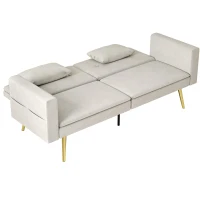 HOMCOM Tweezits Bedbank, Verstelbare Rugleuning, Zachte Kussens, Fluweelachtige Bekleding, voor Woonkamer, Gastenkamer, Beige(m-10)
