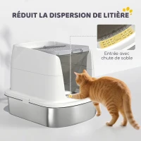 PawHut Bac à Litière Fermé en Inox, Couvercle Amovible, Entrée Frontale et Sortie Supérieure, Pelle, 52,4x41,3x39,8cm, Blanc(m-6)