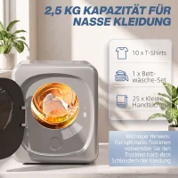 HOMCOM Ablufttrockner 2,5 kg mit Smart-Modus, 800 W Kompakttrockner mit Edelstahltrommel, Silber(m-5)