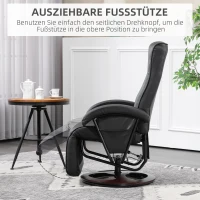 HOMCOM Draaibare Gestoffeerde Stoel, Kunstleer, Voetensteun, Houten Basis, Kantelbaar, Zwart(m-5)