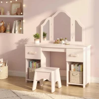 AIYAPLAY Kids Dressing Table, Kids Vanity Table and Chair Set with Tri-Folding Mirror, 2 Drawers, 2 Cabinets for Girls 3+, Pink(m-9)