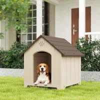 PawHut Cuccia per Cani Rialzata con Tetto Inclinato e Prese d'Aria, in PP, 88x78x89 cm, Beige e Marrone Scuro(m-10)