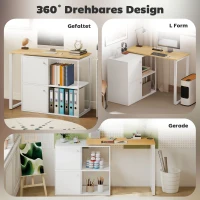 HOMCOM L-vormig bureau, 360° draaibaar hoekbureau met 2 bergkasten, 2 open planken, computertafel voor kleine ruimtes, studeerkamer, woonkamer, 150x40x75 cm, Wit(m-4)