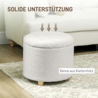 HOMCOM Zit-hocker met opbergruimte, hocker met deksel, ronde voeten-hocker, opbergbox, met houten poten, Wit(m-6)