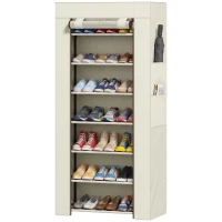 HOMCOM Schuhregal mit 7 Ebenen, schmales Stahl-Schuhregal mit Vliesstoff-Hülle, 2 Seitentaschen für 14-21 Paar, Beige(m-8)