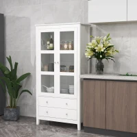 HOMCOM Vitrina de Salón Aparador de Cocina con 2 Puertas de Vidrio 3 Estantes 2 Cajones para Comedor Oficina 80x40x160cm Blanco(m-10)