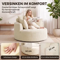 HOMCOM Sessel mit tiefer Sitzfläche, Einzelsofa ohne festen Rahmen, Vollschaum-Design, 4 Kissen, Cremeweiß(m-5)