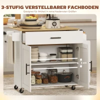 HOMCOM Keukeniland, keukentrolley op wielen, met inklapbaar werkblad, lade, plank, 120 x 68 x 85 cm, Wit(m-7)
