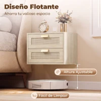 HOMCOM Juego de 2 Mesitas de Noche Flotantes con 2 Cajones con Frente de Ratán Natural para Dormitorio 40x30x27,6 cm Roble(m-4)
