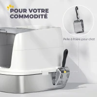 PawHut Bac à Litière Fermé en Inox, Couvercle Amovible, Entrée Frontale et Sortie Supérieure, Pelle, 52,4x41,3x39,8cm, Blanc(m-7)