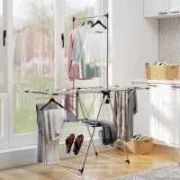 HOMCOM Vouwbaar wasrek staand droogrek met verstelbare vleugels, schoenhouders, RVS, 156,5 x 68 x 192 cm, Zilver(m-2)