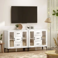 HOMCOM Modern sideboard met soft-close deuren, buffetkast met 3 lades, 2 glazen deuren, verstelbare planken, MDF, wit(m-9)